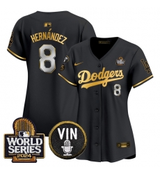 Women Los Angeles Dodgers 8 Enrique Hernandez Black Gold 2024 World Series With Vin  26 Kobe Patch Limited Stitched Baseball Jersey 28Run Small 29