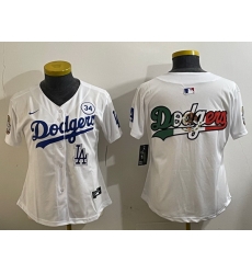 Women Los Angeles Dodgers Blank White 2024 World Series With No  34 Patch Home Limited Stitched Baseball Jersey  2