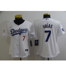 Women Los Angeles Dodgers Julio Urias 7 Championship Gold Trim White Limited All Stitched Flex Base Jersey