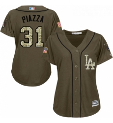 Womens Majestic Los Angeles Dodgers 31 Mike Piazza Replica Green Salute to Service MLB Jersey