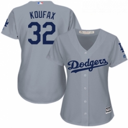 Womens Majestic Los Angeles Dodgers 32 Sandy Koufax Replica Grey Road Cool Base MLB Jersey