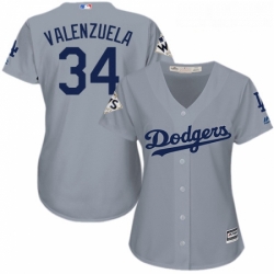 Womens Majestic Los Angeles Dodgers 34 Fernando Valenzuela Replica Grey Road 2017 World Series Bound Cool Base MLB Jersey