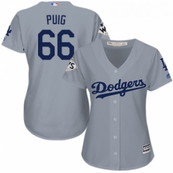 Womens Majestic Los Angeles Dodgers 66 Yasiel Puig Authentic Grey Road 2017 World Series Bound Cool Base MLB Jersey