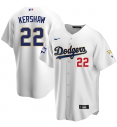 Youth Los Angeles Dodgers Clayton Kershaw 22 Championship Gold Trim White Limited All Stitched Flex Base Jersey