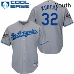 Youth Majestic Los Angeles Dodgers 32 Sandy Koufax Authentic Grey Road Cool Base 2018 World Series MLB Jersey