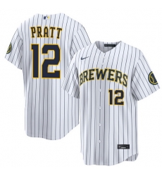 Men Milwaukee Brewers 12 Cooper Pratt Navy White Strips Stitched Baseball Jersey