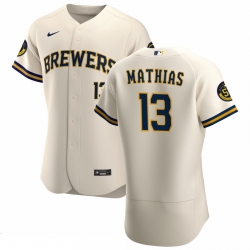 Men Milwaukee Brewers 13 Mark Mathias Men Nike Cream Home 2020 Flex Base Player MLB Jersey