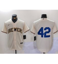 Men Milwaukee Brewers 42 Jackie Robinson Cream Cool Base Stitched Jersey