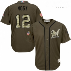 Mens Majestic Milwaukee Brewers 12 Stephen Vogt Replica Green Salute to Service MLB Jersey 