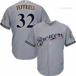 Mens Majestic Milwaukee Brewers 32 Jeremy Jeffress Replica Grey Road Cool Base MLB Jersey 