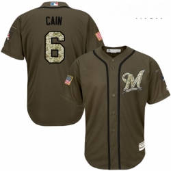 Mens Majestic Milwaukee Brewers 6 Lorenzo Cain Replica Green Salute to Service MLB Jersey 