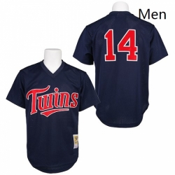 Mens Mitchell and Ness 1991 Minnesota Twins 14 Kent Hrbek Authentic Navy Blue Throwback MLB Jersey