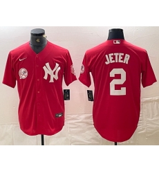 Men New York Yankees 2 Derek Jeter Red Cool Base Stitched Baseball Jersey 1