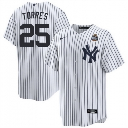 Men New York Yankees 25 Gleyber Torres White 2024 World Series With Name Cool Base Stitched Baseball Jersey