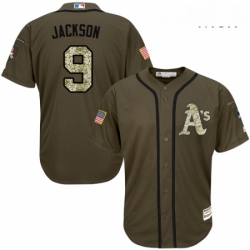 Mens Majestic Oakland Athletics 9 Reggie Jackson Authentic Green Salute to Service MLB Jersey