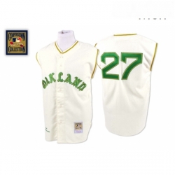 Mens Mitchell and Ness 1968 Oakland Athletics 27 Catfish Hunter Replica Cream Throwback MLB Jersey