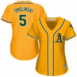 Womens Majestic Oakland Athletics 5 Jake Smolinski Replica Gold Alternate 2 Cool Base MLB Jersey 