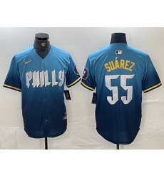 Men Philadelphia Phillies 55 Ranger Suarez Blue 2024 City Connect Limited Stitched Jersey 1