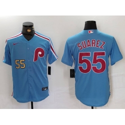 Men Philadelphia Phillies 55 Ranger Suarez Blue Cool Base Stitched Jersey 2