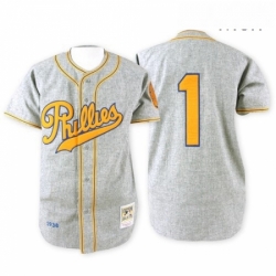 Mens Mitchell and Ness 1938 Philadelphia Phillies 1 Richie Ashburn Authentic Grey Throwback MLB Jersey