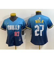 Women Philadelphia Phillies 27 Aaron Nola Blue 2024 City Connect Limited Stitched Baseball Jersey 2