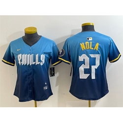 Women Philadelphia Phillies 27 Aaron Nola Blue 2024 City Connect Limited Stitched Baseball Jersey