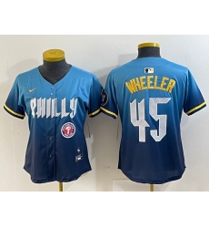 Women Philadelphia Phillies 45 Zack Wheeler Blue 2024 City Connect Limited Stitched Baseball Jersey 1