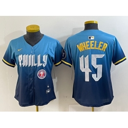 Women Philadelphia Phillies 45 Zack Wheeler Blue 2024 City Connect Limited Stitched Baseball Jersey 1
