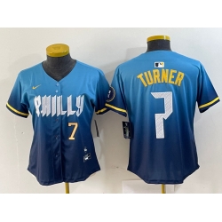 Women Philadelphia Phillies 7 Trea Turner Blue 2024 City Connect Limited Stitched Jersey 3