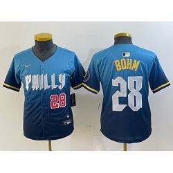 Youth  Philadelphia Phillies 28 Alec Bohm Blue 2024 City Connect Limited Stitched Baseball Jersey 4
