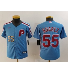 Youth Philadelphia Phillies 55 Ranger Suarez Blue Cool Base Stitched Baseball Jersey 9