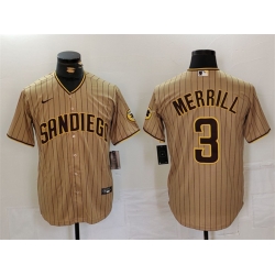 Men San Diego Padres 3 Jackson Merrill Tan Cool Base Stitched Baseball Jersey