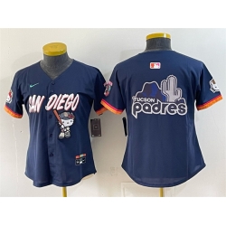 Women San Diego Padres X Hello Kitty Team Big Logo Obsidian 2026 City Connect Stadium Stitched Baseball Jersey Run Small  001