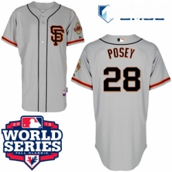 Mens Majestic San Francisco Giants 28 Buster Posey Replica Grey Road 2 Cool Base 2012 World Series Patch MLB Jersey