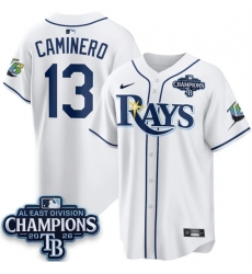 Men Tampa Bay Rays 13 Junior Caminero White 2026 AL East Champions Patch Limited Stitched Baseball Jersey Men Tampa Bay Rays 13 Junior Caminero White 2026 AL East Champions Patch Limited Stitched Baseball Jersey