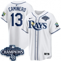 Men Tampa Bay Rays  13 Junior Caminero White 2026 AL East Champions Patch Limited Stitched Baseball Jersey