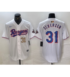 Men Texas Rangers 31 Max Scherzer White Gold Cool Base Stitched Baseball Jersey 3