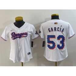 Women Texas Rangers 53 Adolis Garcia White Gold Stitched Baseball Jersey