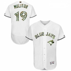 Mens Majestic Toronto Blue Jays 19 Paul Molitor Authentic White 2016 Memorial Day Fashion Flex Base Jersey 