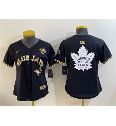 Women Toronto Blue Jays  26 Leafs Black Gold 2025 American League Champions With White Leafs Logo Limited Stitched Baseball Jersey 