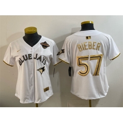 Youth Toronto Blue Jays 57 Shane Bieber White Gold 2025 American League Champions Limited Stitched Baseball Jersey