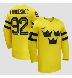 Men Sweden Hockey 92 Gabriel Landeskog Yellow 2026 Away Stitched Jersey