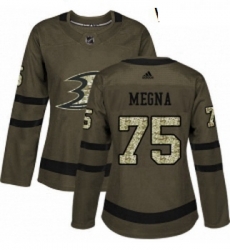 Womens Adidas Anaheim Ducks 75 Jaycob Megna Authentic Green Salute to Service NHL Jersey 