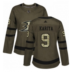 Womens Adidas Anaheim Ducks 9 Paul Kariya Authentic Green Salute to Service NHL Jersey 