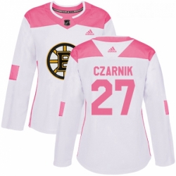 Womens Adidas Boston Bruins 27 Austin Czarnik Authentic WhitePink Fashion NHL Jersey 