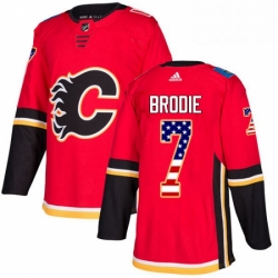 Mens Adidas Calgary Flames 7 TJ Brodie Authentic Red USA Flag Fashion NHL Jersey 