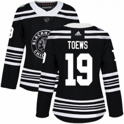 Womens Adidas Chicago Blackhawks 19 Jonathan Toews Authentic Black 2019 Winter Classic NHL Jersey 