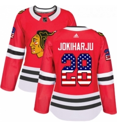 Womens Adidas Chicago Blackhawks 28 Henri Jokiharju Authentic Red USA Flag Fashion NHL Jersey 