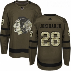 Youth Adidas Chicago Blackhawks 28 Henri Jokiharju Authentic Green Salute to Service NHL Jersey 