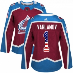 Womens Adidas Colorado Avalanche 1 Semyon Varlamov Authentic Burgundy Red USA Flag Fashion NHL Jersey 